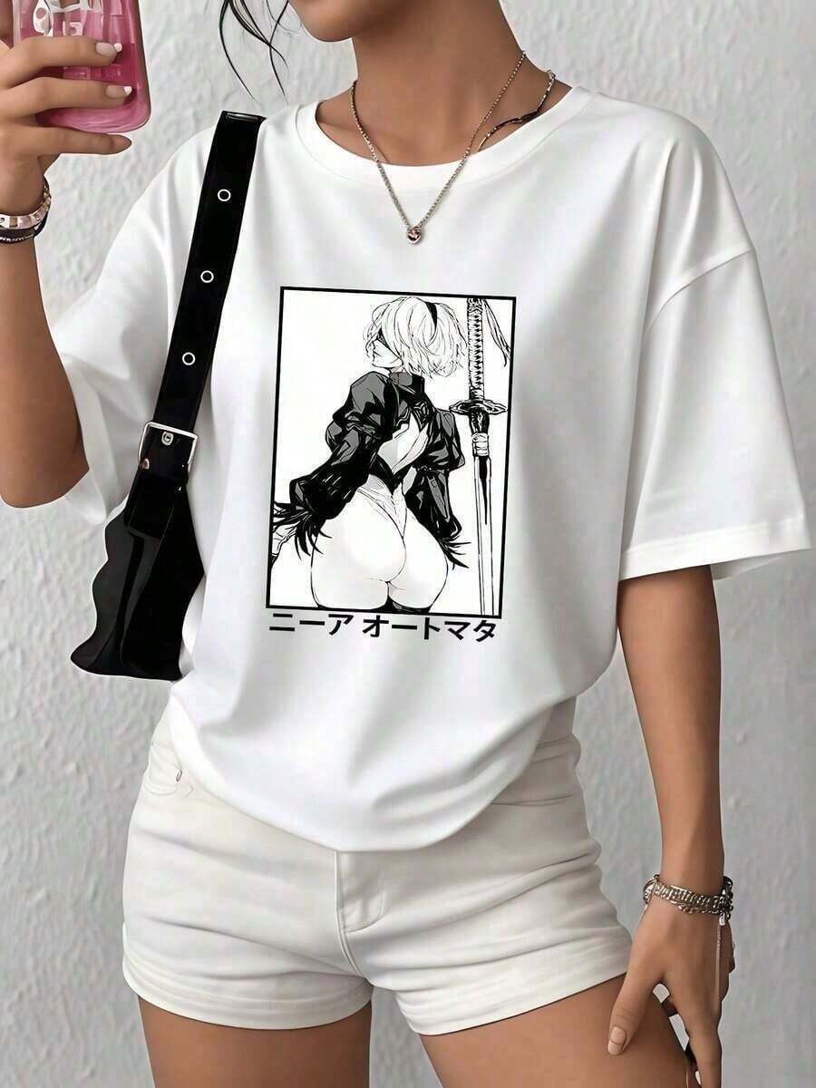Camiseta Casual para Mujer con Personaje de Anime LooseLoose, 220g, Estilo Cool Girl, 100% Algodón, 1 Pieza, Camiseta con Estampado Gráfico Elegante, Corte Relajado, Túnica Básica Negra, Camiseta de Manga Corta para Verano, Ropa Urbana, Uso Diario, Moda Simple y Estética. Nueva Camiseta de Verano para Mujer, Casual y Cómoda, con Cuello Redondo. Camiseta Básica de Algodón con Cuello Redondo para Mujer. - Blanco - Ver 1