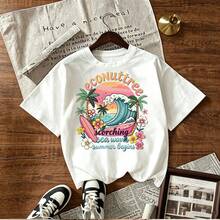Econuttree scorching sea waves summer begins tropical beach palm trees flowers surfboard vibrant colorful design casual summer clothing women's short sleeve t-shirt print graphic artwork ocean wave sunset floral decoration vacation vibe beachwear fashion style trendy summer outfit 100-150 characters keyword optimized for Mexican shopping platform search - Blanco - Ver 1