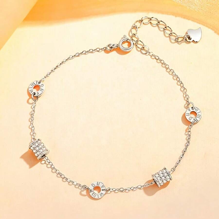 Vòng tay định hình eo cao cấp dành cho nữ, thiết kế chữ số La Mã, vòng tay hình trụ đính đá Zirconia siêu nhỏ. - Bạc - Xem 1