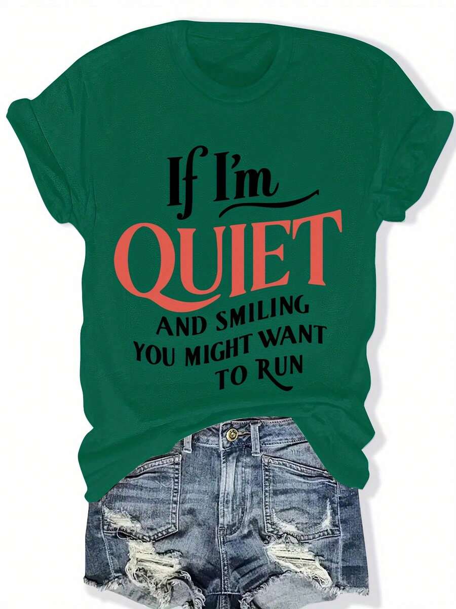 Women's Plus Size Crew Neck Casual T-Shirt With "If I'm Silent And Smiling, Maybe You'll Want To Run" Letter Print, Short Sleeve, Slightly Stretchy Fabric, Perfect For Spring And Summer, All-Season Top | Fun Print Shirt | Stretchy Material, Women's T-Shirts - 墨綠色 - 查看 1