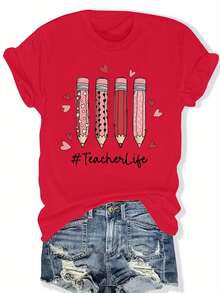 Talla Grande - Top Casual de Talla Grande con Mangas Cortas y Estampado de Letras, Adecuado para Verano y Primavera, Ropa de Mujer - Rojo - Ver 6