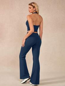 NcmRyu Women's One Set Solid Color Lace Trim V-Neck Halter Backless Vest & Ruched Flare Pants Sports Suit - Blue - View 3