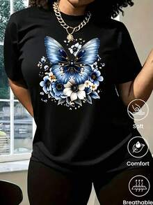180 g Hecho en México, Moda Primavera/Verano 2026 Camiseta de manga corta, Estampado de dibujos animados, Estilo para parejas, Ropa interior/exterior, Cuello redondo informal para la oficina, Top unisex de una pieza - Negro - Ver 2