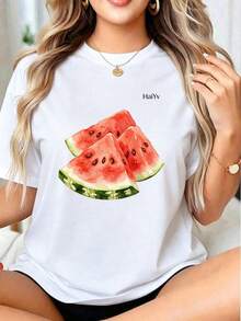 Oferta por tiempo limitado, cantidad limitada disponible,  relámpago, camisas de mujer, camisetas de mujerPlayera Casual Negra de Mujer con Estampado Frutal de Sandía en Acuarela, Camiseta Manga Corta Cuello Redondo,  Moda Verano 2026, Ropa Comoda para Salidas y Uso Diario - Blanco - Ver 11