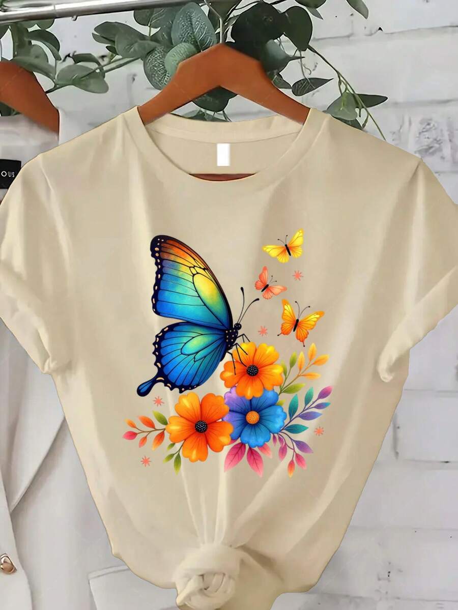Talla Grande - Talla Grande - Camiseta con estampado de mariposas y flores coloridas, adecuada para mujeres de talla grande, es la elección perfecta para la moda casual de verano.Esta camiseta de manga corta y cuello redondo es perfecta para el verano y el otoño, lo que la convierte en un excelente regalo para el Día de Acción de Gracias y Navidad. Camiseta de Verano Fresca para Mujer - Albaricoque - Ver 1