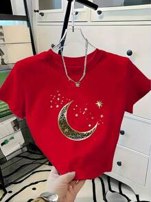 Women's Ultra-Short Moon Print Round Neck Short Sleeve T-Shirt, Modern Design - Unisex Urban Vintage Style Loose Fit Cotton T-Shirt With Round Neck And Short Sleeves. - 紅色 - 查看 6