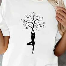 Women's White Yoga Tree Print T-Shirt Polyester Medium Stretch Casual Tee - blanco - Ver 6