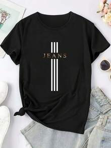 Patrón de impresión de letras con efecto degradado - Elegante y a la moda - Camiseta de manga corta con cuello redondo para mujer, estilo casual deportivo, tallas S-XXL, varios colores opcionales. - Negro - Ver 4