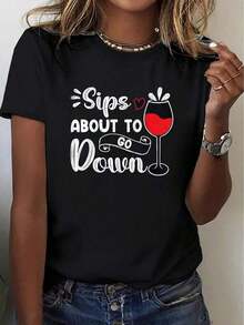 Camiseta de Mujer con Estampado de Vino "Sips About To Go" - Camiseta de Manga Corta y Cuello Redondo 100% Ligera con un Divertido Diseño de Copa de Vino - Imprescindible para Fiestas, Vacaciones y Uso Casual - El Regalo Perfecto para Amantes del Vino, Ropa Cómoda para el Hogar, Tela Transpirable, Estampado Elegante, La Mejor Opción para Fiesteros - Camiseta de Mujer - Negro - Ver 7