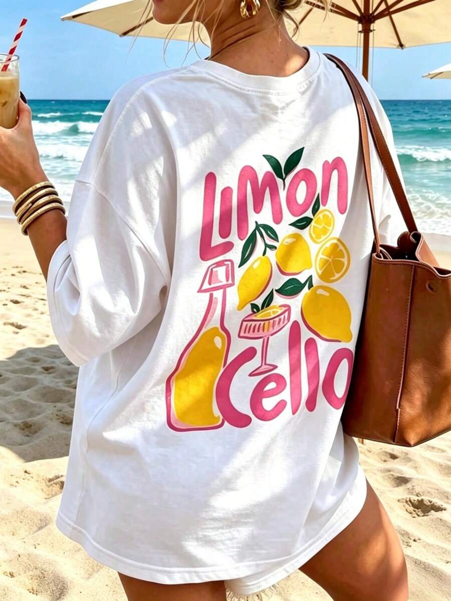 寬鬆版型義大利南部度假風檸檬印花女款T恤,Limoncello主題短袖,阿瑪菲海岸休閒度假風白色休閒夏季上衣 - 白色 - 查看 1