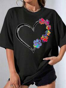 Camiseta Negra y Blanca para Niña, Cuello Redondo, Diseño de Huella de Corazón Blanco para Amantes de Mascotas, Ropa Casual para Fiestas al Aire Libre, Camiseta Estampada Casual de 180g - Negro - Ver 1