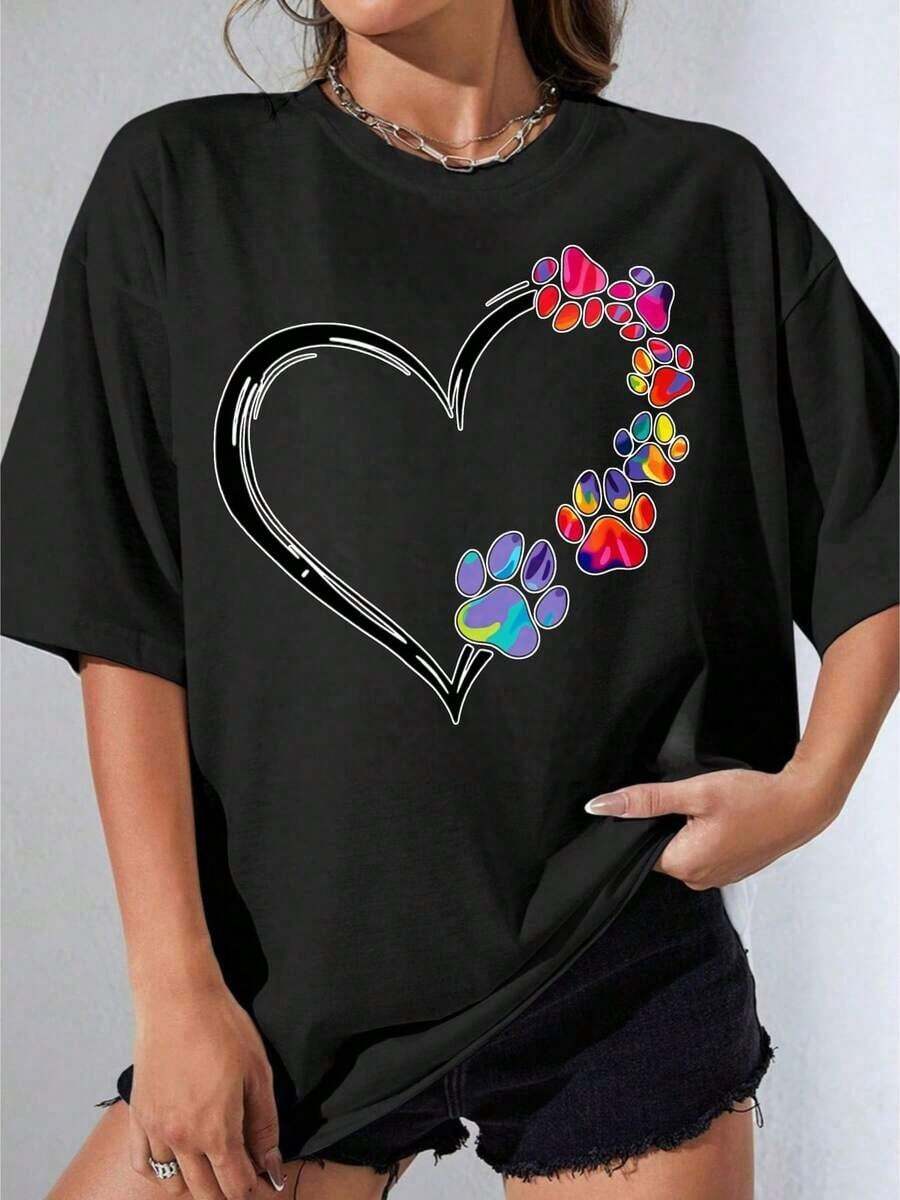 Camiseta Negra y Blanca para Niña, Cuello Redondo, Diseño de Huella de Corazón Blanco para Amantes de Mascotas, Ropa Casual para Fiestas al Aire Libre, Camiseta Estampada Casual de 180g - Negro - Ver 1