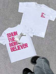 Camiseta de manga corta con cuello redondo para hombre, 100% algodón, estampado digital de doble cara, diseño Unicornio Shun The NonBeliever, 1 pieza, estilo casual, 220g, ropa urbana de moda. - Blanco - Ver 1
