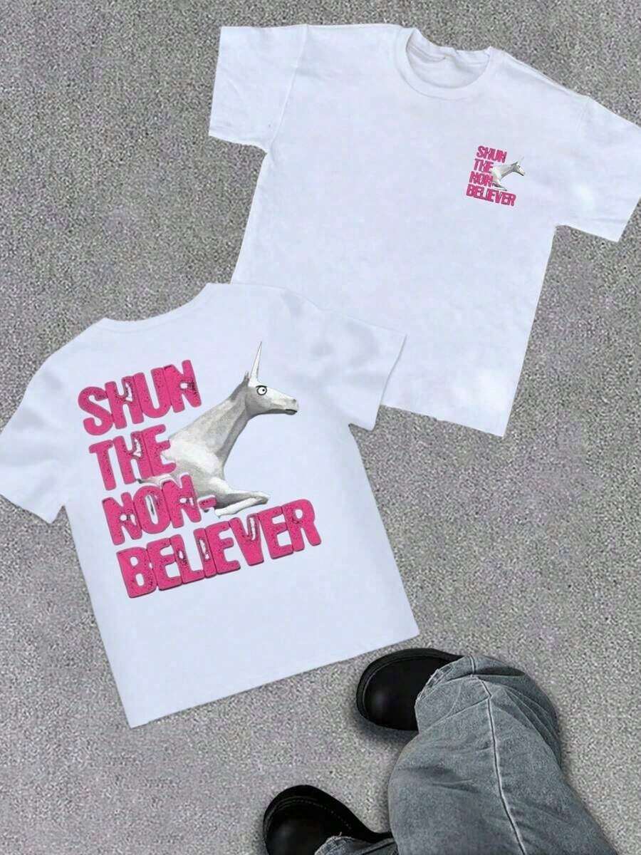 Camiseta de manga corta con cuello redondo para hombre, 100% algodón, estampado digital de doble cara, diseño Unicornio Shun The NonBeliever, 1 pieza, estilo casual, 220g, ropa urbana de moda. - Blanco - Ver 1