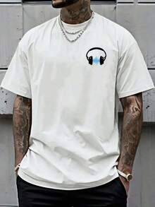 GiftCamiseta de hombre de corte holgado con hombros caídos y estampado de doble cara con diseño de auriculares y forma de onda de audio, ropa de hombre de estilo moderno y novedoso, una prenda esencial para hombre con diseño elegante en la parte delantera y trasera, adecuada para uso casual diario y deportivo. Suave - Negro - Ver 3