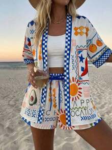 Conjunto de kimono de algodón blanco con arrugas + shorts, conjunto casual de vacaciones para primavera/verano - Multicolor 4 - Ver 7