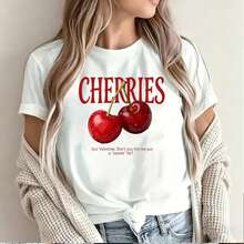 Cherry Valentine Short Sleeve T-Shirt Design with Red Cherries and "Gos Valentine Don't You Like Me Just a Weenie Bit" Text for Mexican Market Search Optimization - Blanco - Ver 2