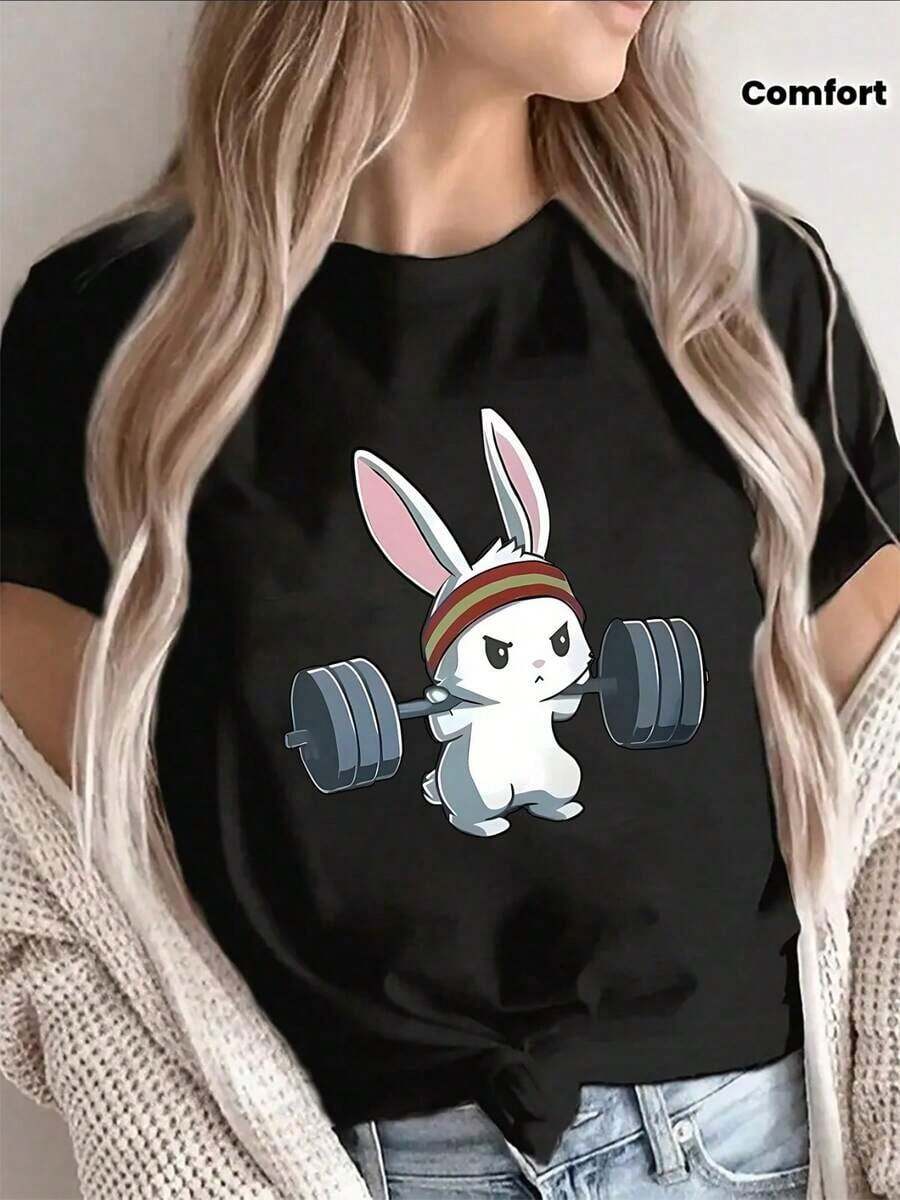 Camiseta de manga corta ligera y duradera, con un diseño lindo de un conejo levantando pesas, perfecta para estar en casa o usar en el gimnasio, ofreciendo un aspecto cómodo y divertido para el uso diario - Negro - Ver 1
