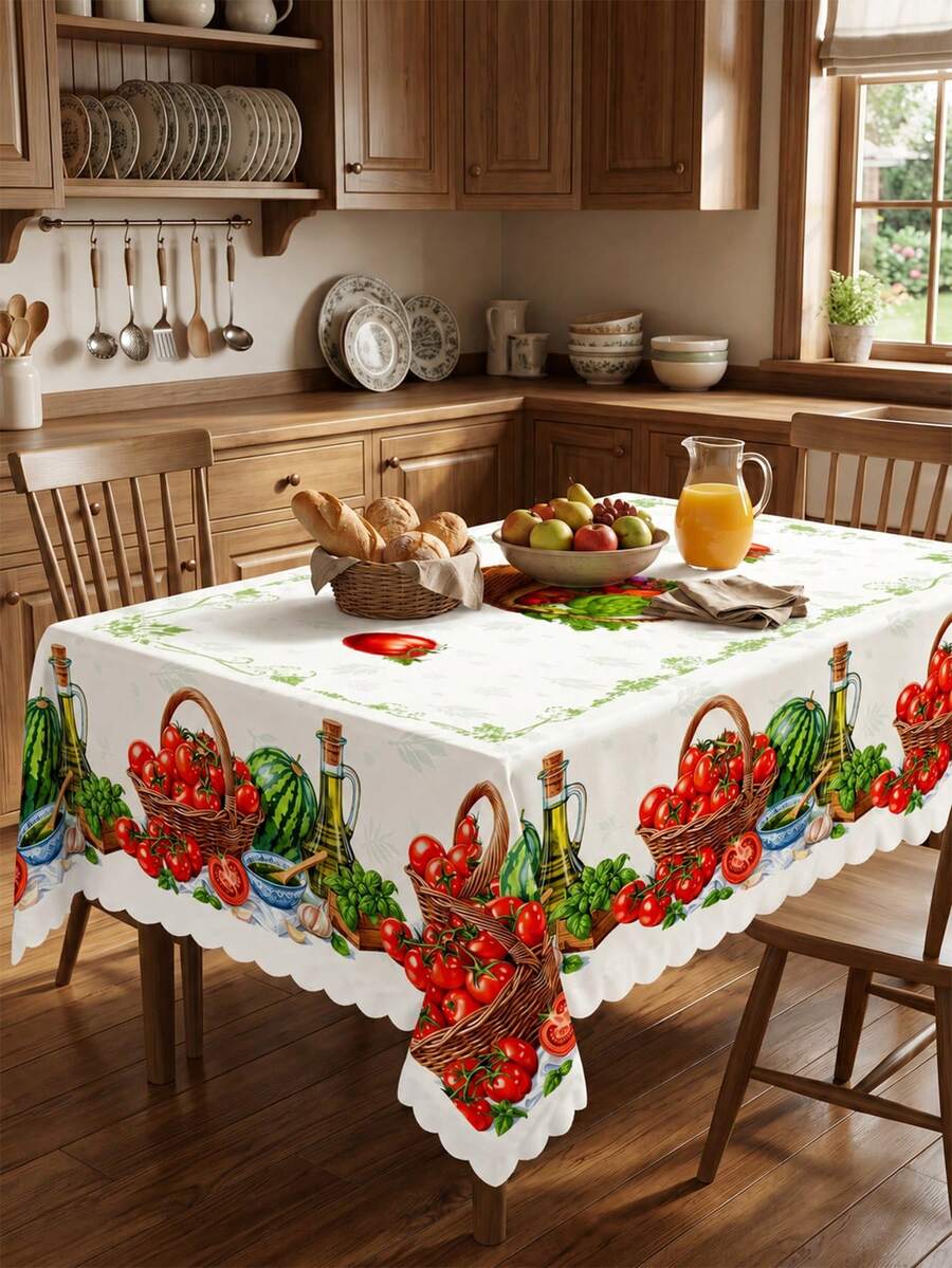 1 Vibrant Tomato And Watermelon Printed Tablecloth, Farmhouse Style Polyester Rectangular Tablecloth With Ripple Edges, Kitchen Dining Room, Wedding Decoration, Outdoor Picnics, Garden Parties, Summer Barbecues, Daily Use, And Home Kitchen Decoration For Harvest Festivals. - Multicolor - View 1