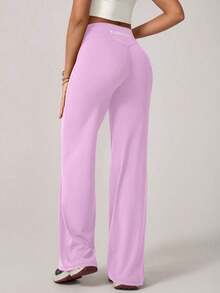 2026 TimeOff 1 pieza Pantalones deportivos de mujer minimalistas con cintura elástica, estampado de letras, pierna recta y ancha, efecto levantador V-Shape, primavera - Rosa - Ver 10
