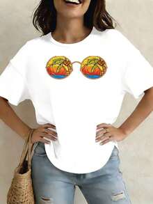Women's Lightweight Casual T-Shirt With Oil, Water, Cream, Tree, Fruit, And Palm Butter Print Q4GAEGA4GQ, Round Neck, Short Sleeve, For Summer, Summer Vacation Wear, Suitable For Festivals And Daily Wear. Suitable As A Gift. Women's T-Shirt. Blouses>Elegant. Boho Chic. Soft, Breathable, And Comfortable Women's Top, Ideal For Spring, Summer, And Autumn, Perfect For Vacations, Travel, And Everyday Wear. - 白色 - 查看 7