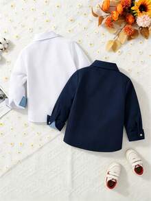 2pcs Young Boy Casual Versatile Horse Embroidery Contrast Collar Long Sleeve Shirts - Multicolor - View 2