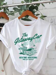 Women's Vintage Design T-Shirt By SimpieAndVersatileDesign - "Escape Car" Design, Casual Short-Sleeved Crew Neck Top With Vibrant Green And Blue Illustrations, Perfect For Spring And Summer, Everyday Wear. | Crew Neck Top | Casual Summer Cotton T-Shirt - 白色 - 查看 6