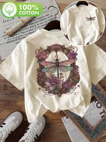 Limited Edition: Women's Casual Summer T-Shirt With Double-Sided Dragonfly And Floral Print, Round Neck, Short Sleeve, Lightweight Cotton - 杏色 - 查看 12