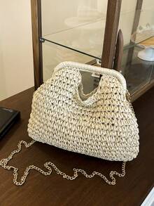 Handwoven Small Crossbody Bag, New Woven Shoulder Bag, Niche Beach Style, Versatile, Square Envelope Bag, Chic, Ins Style, Vacation Beach Bag, Random Floral Decor Color - White - View 8