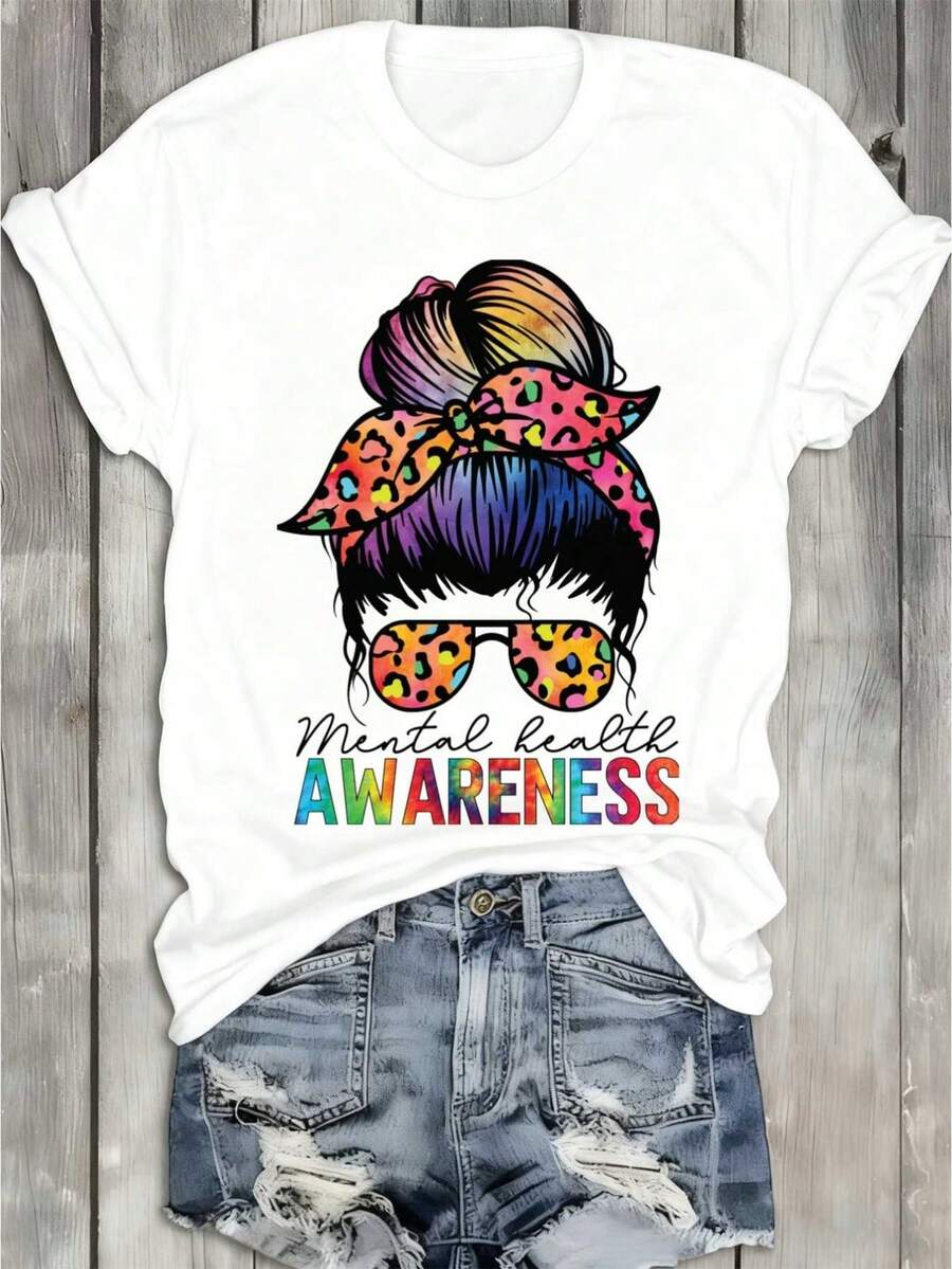 Camiseta estampada para mujer con tema de salud mental y moño desordenado colorido, modelo 2026, color blanco, regalo. Camiseta de moda cómoda y holgada, tela transpirable, cuello redondo, manga corta, suave y cómoda para uso casual de fin de semana, regalo de Pascua. - Blanco - Ver 1