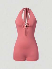Mono corto rosa halter sin mangas con aberturas y detalles de anillos metálicos para mujer, sexy, para primavera, verano, fiesta o playa - Rosa - Ver 1