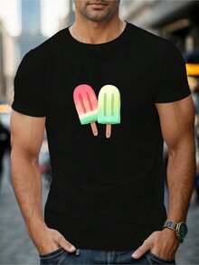 Camiseta con estampado de helado para hombre, tela suave y transpirable, gráfico de helado de colores neón, corte regular, cuello redondo, manga corta, estilo casual de verano, rosa, amarillo puro, rosa, estilo Icame para hombre y mujer, camiseta estampada de manga corta para verano. - Negro - Ver 6