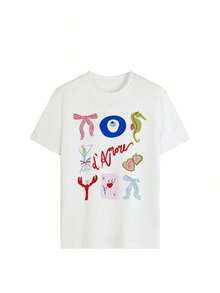 Camiseta de mujer "Estilo mediterráneo de la Amalfitana", ajuste regular, camiseta con patrón artístico pintado a mano, cómoda blusa de manga corta de verano italiano, cuello redondo único, estilo retro de ocio y gastronomía, moda casual blanca - Blanco - Ver 2