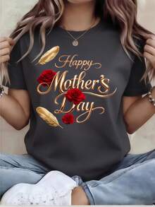 1 Piece Of Women's Rose Gold Foil Print T-Shirt For Mother's Day, Short Sleeve, Round Neck, Casual Style, Comfortable And Versatile For Everyday Wear In All Seasons, Loose Fit. | Durable High-Definition Print, The Perfect Thanksgiving Gift, Shipped Directly From The Local Warehouse, 180g 100% Cotton. - 黑色 - 查看 8