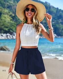 Shorts de Algodón y Cáñamo para Mujer, Cintura Alta, Verano 2026, Casuales, Color Sólido, Doble Bolsillo, Corte Holgado, Suaves - color de la imagen - Ver 2