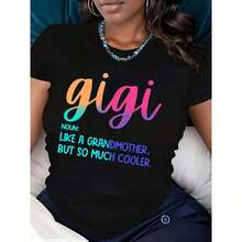 95% Polyester, 5% Elastane, Gigi Alphabet Print Crew Neck Casual T-Shirt, Comfortable Fit For All Seasons, Knit Fabric T-Shirt, Fashion T-Shirts, Tops,  T-Shirts. - 黑色 - 查看 1