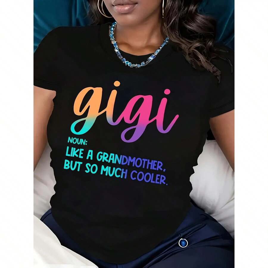 95% Polyester, 5% Elastane, Gigi Alphabet Print Crew Neck Casual T-Shirt, Comfortable Fit For All Seasons, Knit Fabric T-Shirt, Fashion T-Shirts, Tops,  T-Shirts. - 黑色 - 查看 1