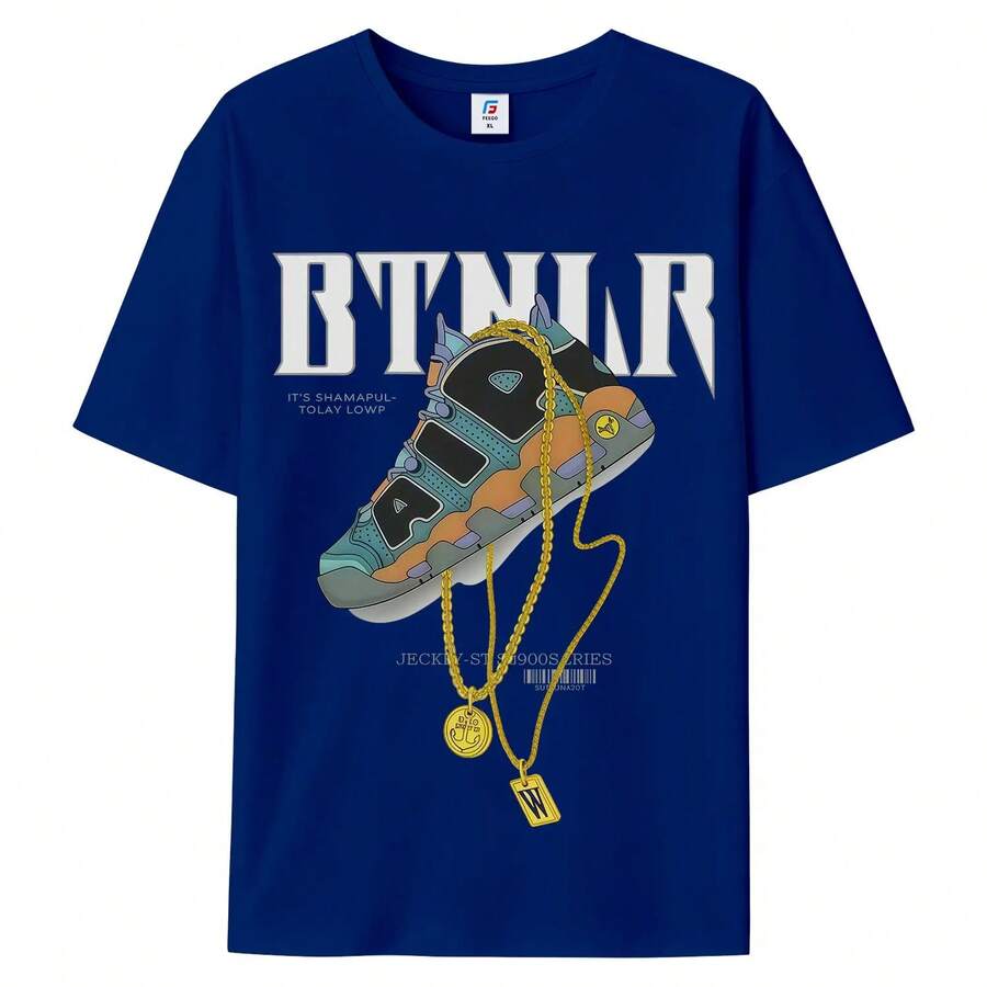 Fashionable Graphic T-Shirt With Large Gold Chain Print, Unisex, Short Sleeve And Round Neck For Men, Urban Style, For Summer And Spring, Casual, Clothing, Youthful Vitality, Quality Graphic T-Shirts, Breathable, Classic. - 藍色 - 查看 1