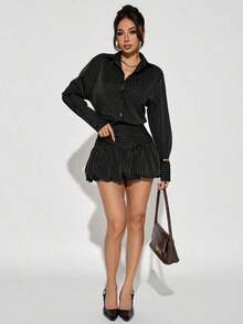 PETITE Conjunto casual para mujer, atuendos de otoño para mujer, falda de burbujas marrón y blusas, rayas marrones - Negro - Ver 5