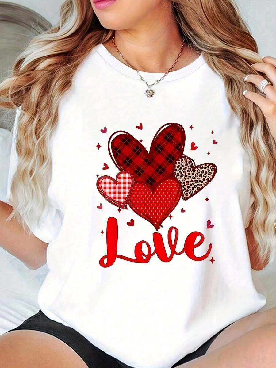 Amor de San Valentín, Camiseta de Cuello Redondo para San Valentín, Mangas Cortas, Top Casual para Uso Diario - Blanco - Ver 1