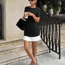 Intellectual Pleated Hem Patchwork Round Neck Versatile Mini Dress,Business Casual Woman Business Women Attire Elegant Summer Evening Dress Party Blue Formal - Negro - Ver 3