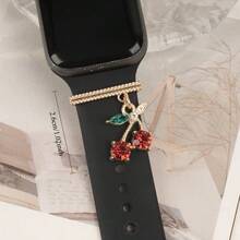 1pc Gold Plated Cherry Crystal Watch Band Charm, Y2K Cute Ornament For Apple Watch Silicone Strap - one-size - View 2