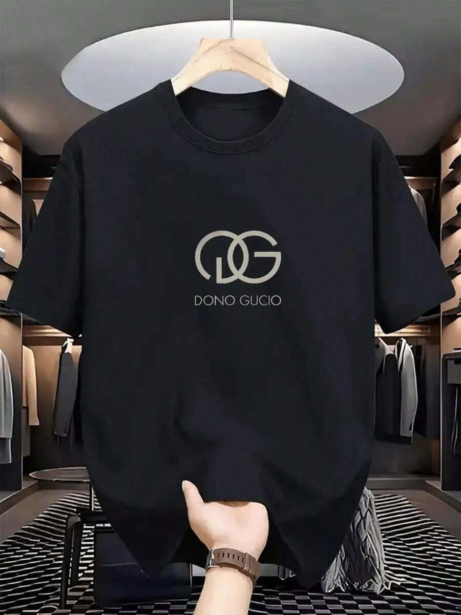 100% Cotton Men's Slim Fit Black T-Shirt With "DONO GUCCIO" Logo - Breathable Summer Casual T-Shirt, Regular Fit, Crew Neck, Lightweight Fabric For Gym, Workout And Weekend Wear, Activewear, Sporty Style, Comfortable Fit - 黑色 - 查看 1