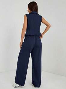 de 2 piezas de ropa de otoño, top sin mangas y pantalones de unicolor para mujer - Azul marino - Ver 2
