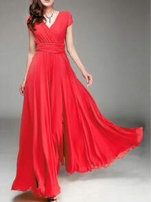 Vestido largo bohemio de moda para mujer, vestido de noche largo con cuello en V, Vestidos sin mangas - Rojo - Ver 6