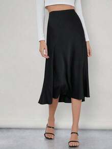 Falda de trabajo lisa negra con detalles de cremallera, falda elegante de señora con cremallera midi estrecha de cintura alta de color negro liso para mujer, para primavera/verano, uso diario casual - Negro - Ver 4