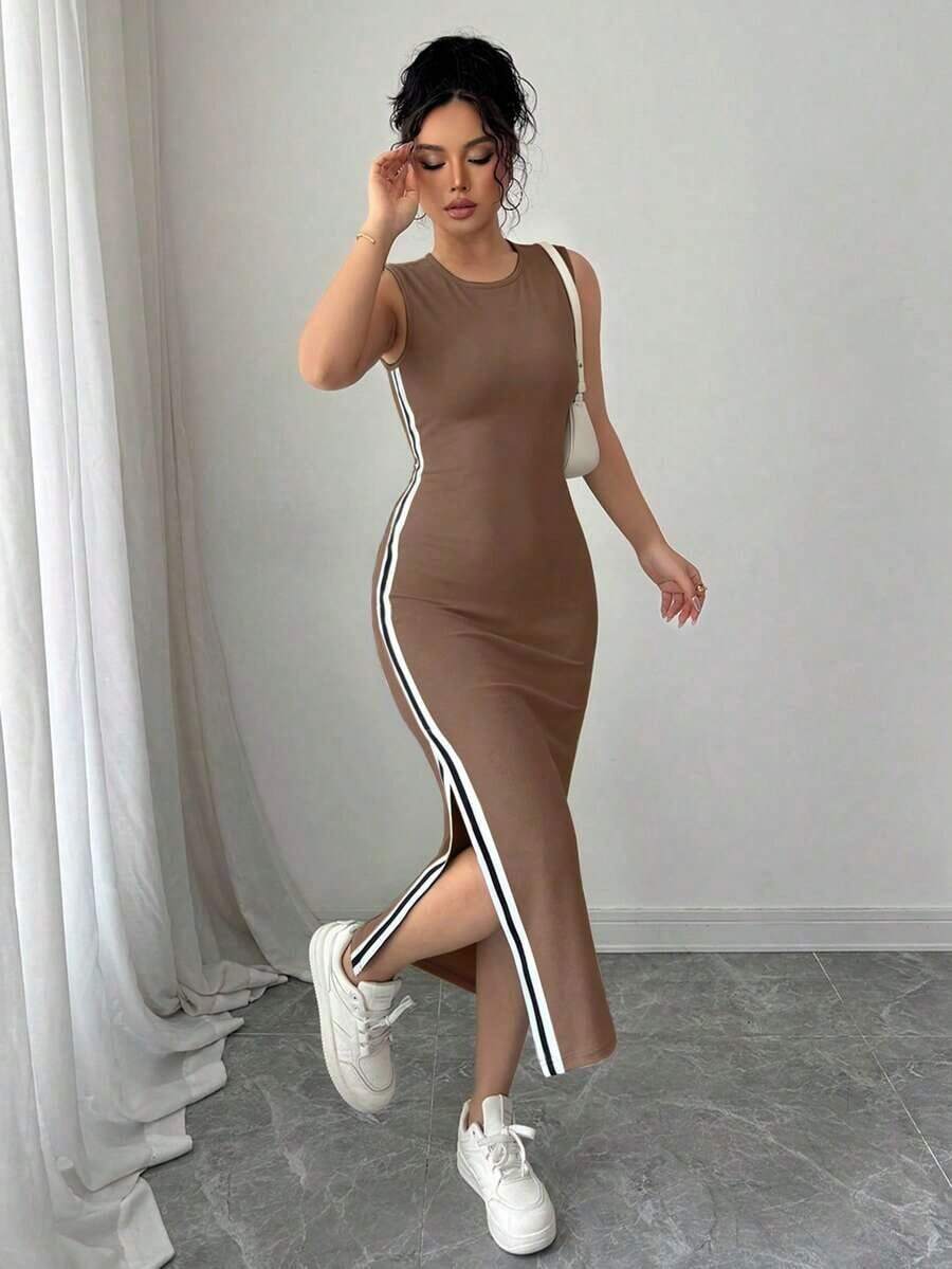 Vestido largo con abertura lateral decorativa de cinta bicolor negro y blanco de cuello redondo para mujeres - Marrón - Ver 1