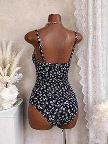 Traje de baño de una pieza con estampado floral pequeño para playa y verano en tallas grandes - Blanco y Negro - Ver 7