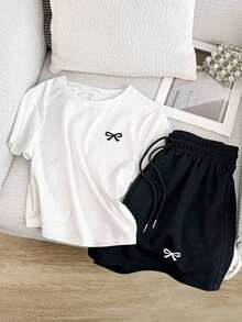 Conjunto de camiseta con estampado de corazón bordado y pantalones cortos de cintura elástica para mujer talla grande, adecuado para deportes al aire libre, gran regalo para mujeres, hermanas, madres, Día de la Madre, Día de San Valentín, conjunto - Multicolor - Ver 3