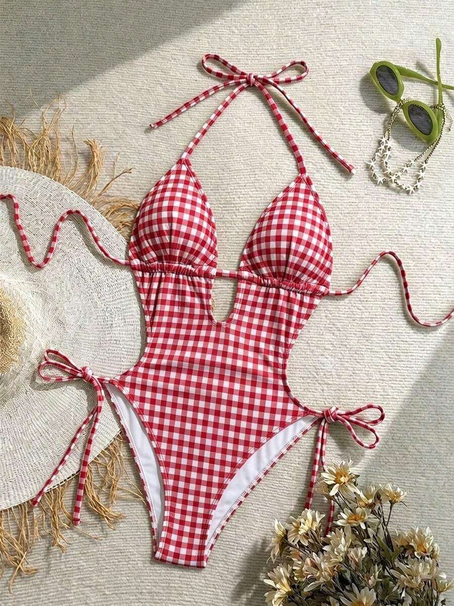 Traje de baño de una pieza con escote en y espalda descubierta, de punto jacquard con textura, color verde oliva, adecuado para vacaciones en la playa - Multicolor 3 - Ver 1